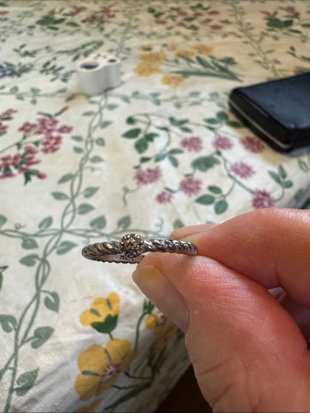 Silver Twisted Rope Ring with Floral Accent - Unbranded